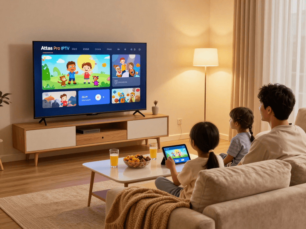 Famille profitant d'Atlas pro sur un téléviseur intelligent dans un salon chaleureux.
