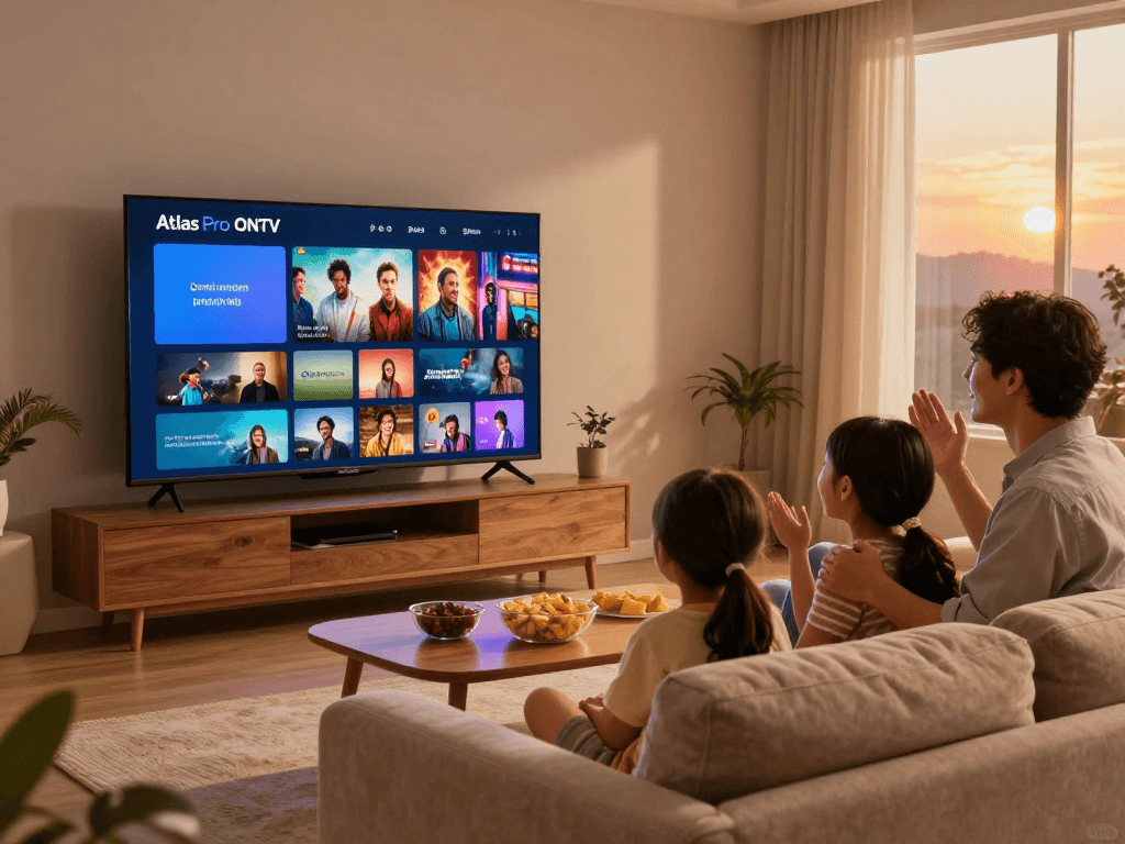 Famille profitant de l'application Atlas Pro ONTV pour une soirée cinéma à domicile.