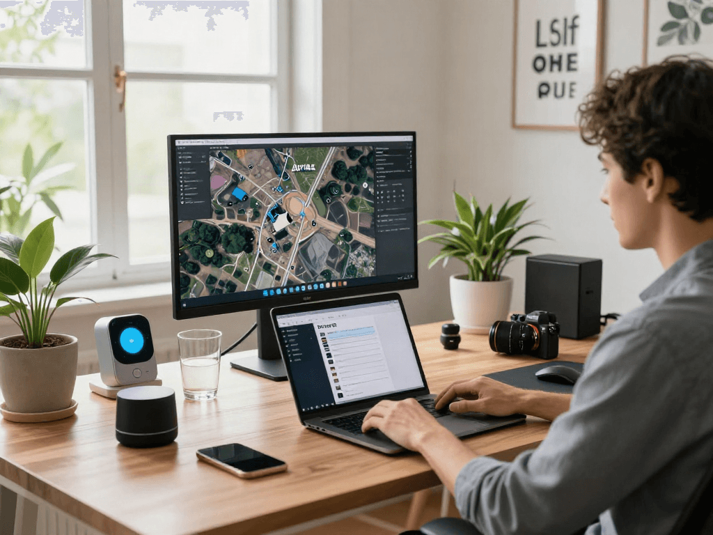 Un espace de travail moderne illustrant l'interface Atlas pro ontv sur un ordinateur portable, créant une ambiance productive.