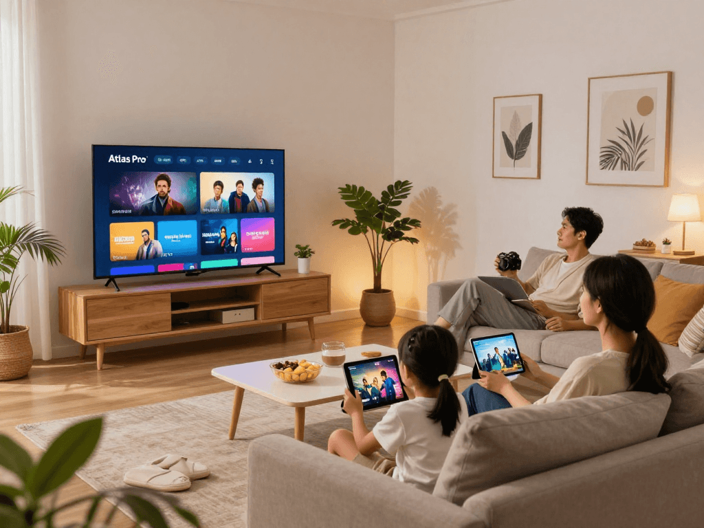 Atlas pro : famille profitant de cinéma à domicile avec IPTV